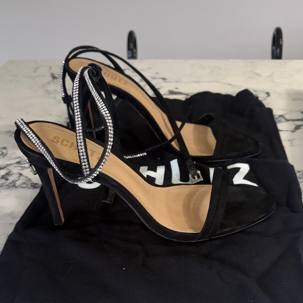 SCHUTZ Black and Silver Strappy Heels